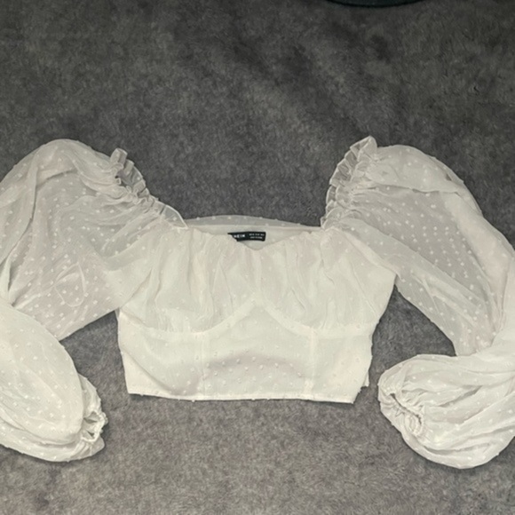 Swiss Square Neck Puff Lantern Long Sleeve Crop Blouse Top - Picture 2 of 3